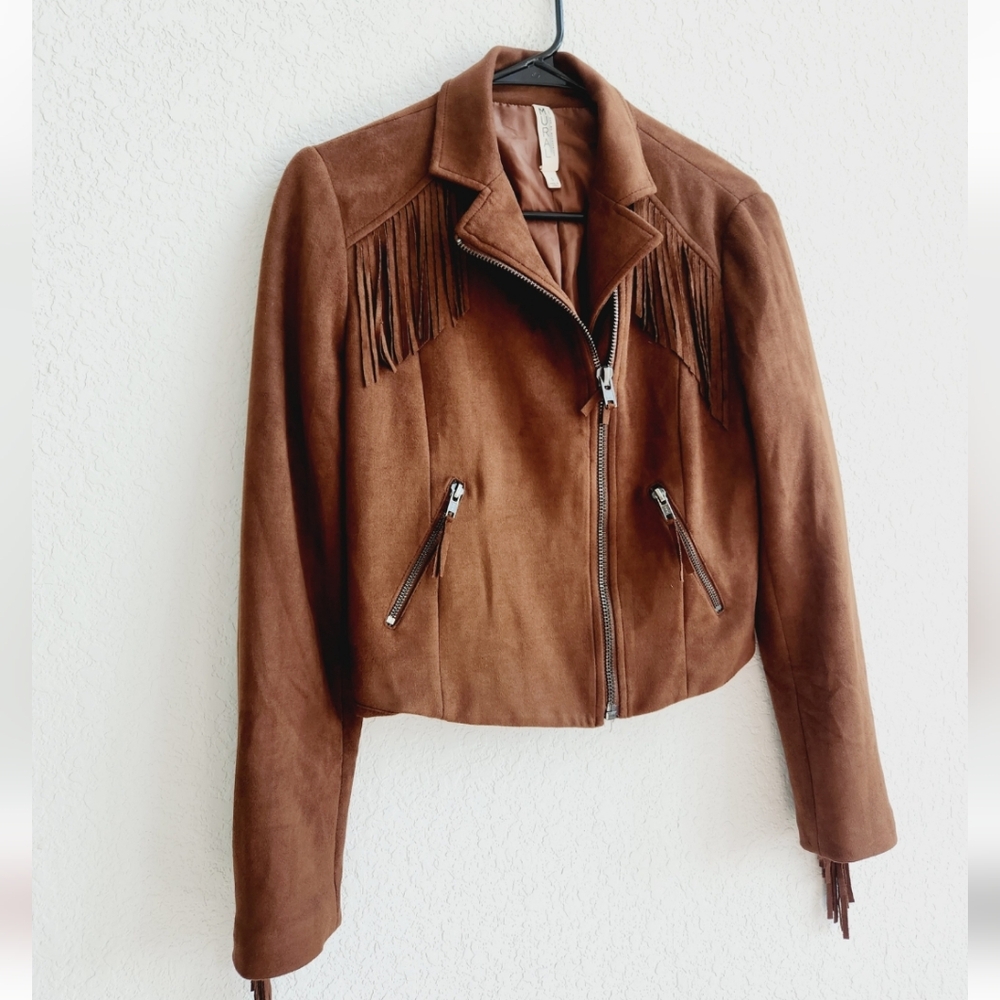 Mural Womens Faux Suede Brown Wenstern Fringe Moto Jacket Small nwot